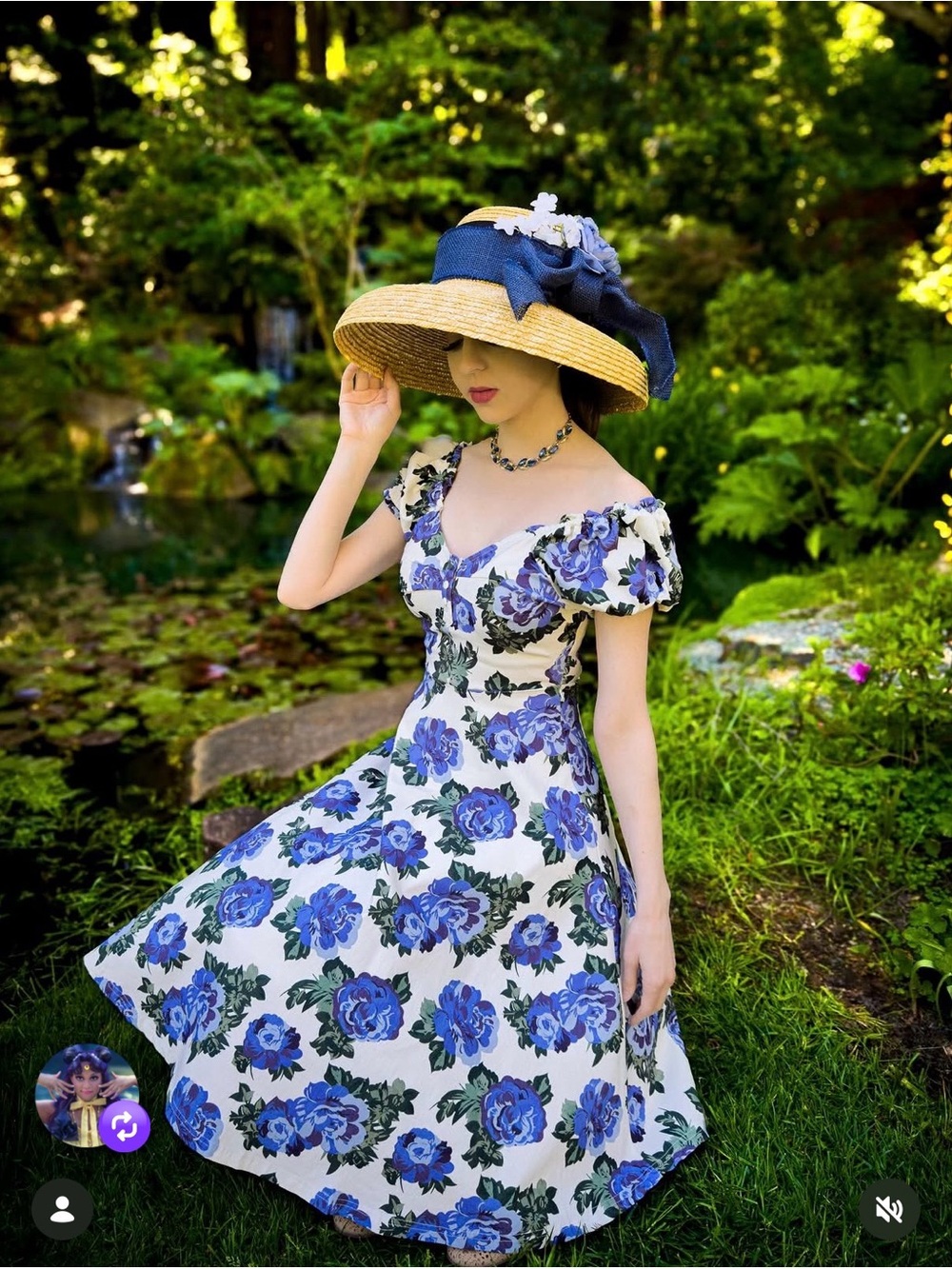 Unique Vintage Blue and White Floral Fit-and-Flare Dress